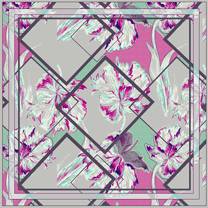 Scarf Design Geometry Scarf Design With Tulips And Geometry Lines Color Blocking Design Stock ...