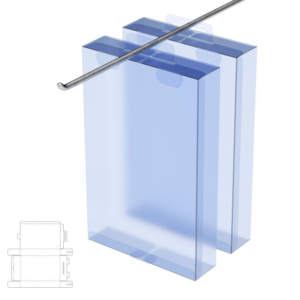 This is a 3D rendered illustration of a shelf retail box with blueprint drawing