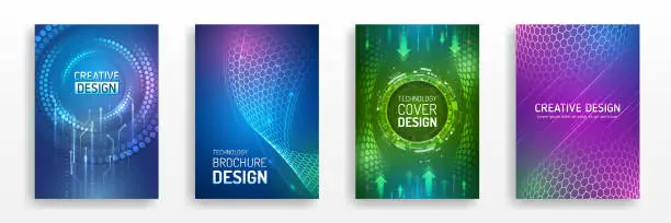 Vector illustration of High-tech brochure flyer template. Abstract hexagonal futuristic design concept. Technology background design, booklet, leaflet, annual report layout. Science cover design for business presentation.