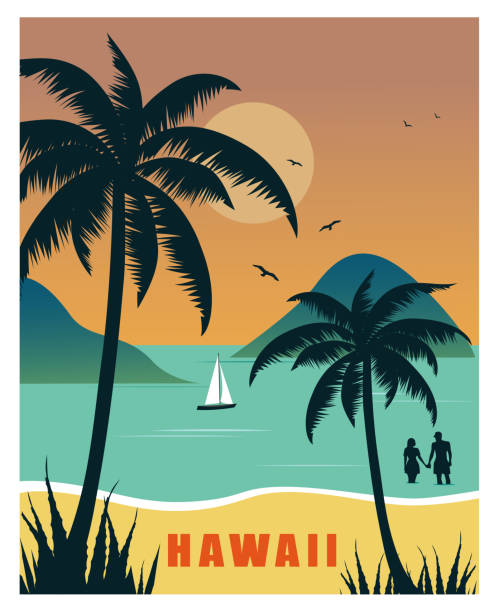 illustrazioni stock, clip art, cartoni animati e icone di tendenza di priorità bassa tropicale della spiaggia delle hawaii - horizon over water transportation sailing hawaii islands