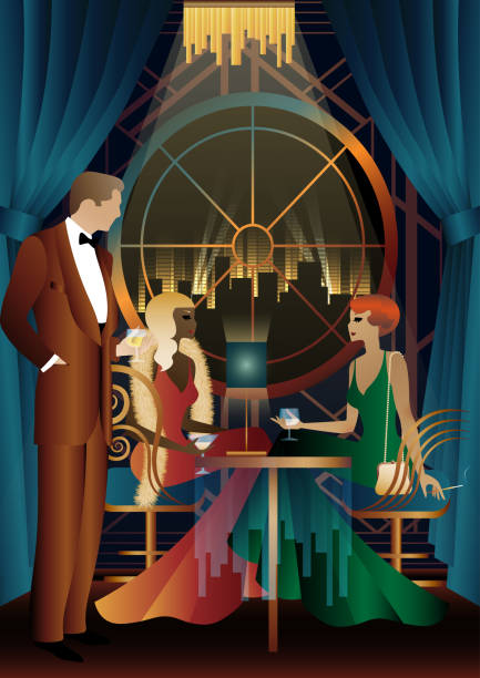 Lady and gentleman in vintage dresses. Lady and gentleman in vintage dresses on the background of window. alcohol. Vintage art deco style invitation template design for drink list, bar menu, glamorous event, themed wedding, jazz party gatsby stock illustrations