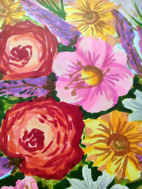 istock Fragment of colorful Decorative flowers. Children's drawing fragment 1488425301