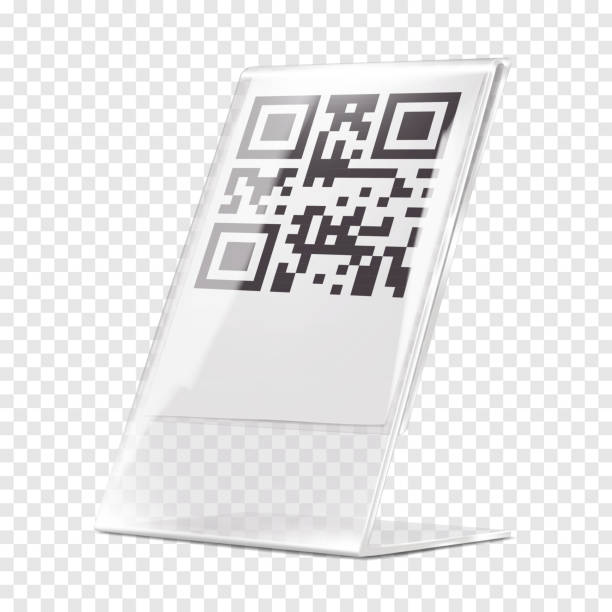 makieta wektorowa stojaka z plexi. przezroczysta makieta uchwytu qr w kształcie litery l. przezroczysty akrylowy szablon wyświetlania informacji o blacie biurka - coding qr code two dimensional shape bar code stock illustrations