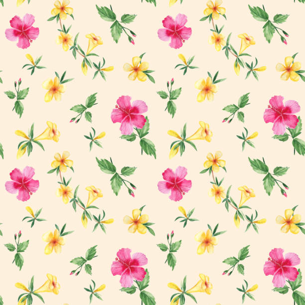 istock Seamless watercolor pattern with exotic tropical flowers. Hibiscus, alamanda, yellow bell. Botanical illustration isolated on beige background. Can be used for fabric prints, gift wrapping paper, kitchen textile. 1488426774