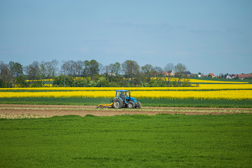blue tractor plowing on an agricultural field