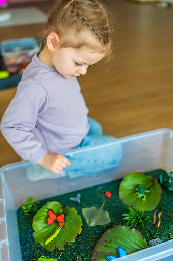 Little girl playing in handmade swamp of green-dyed chia seeds with insect, fish and plant models. Sensory development and experiences, themed activities with children, fine motor skills development.