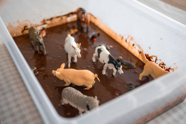 istock Homemade chocolate sensory mud with farm animal models. Sensory development and experiences, themed activities with children, fine motor skills development 1488427840