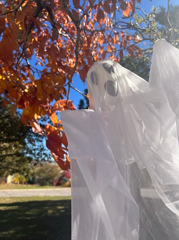 A cute ghost decoration blowing in the wind with orange, autumn leaves in the background
