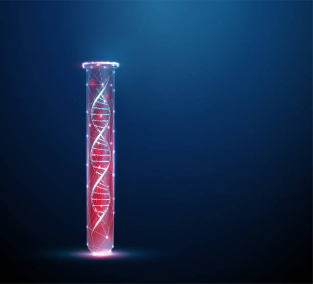 적혈구가 있는 실험실 시험관 내부의 파란색 3d dna 분자 나선 - chromosome biotechnology laboratory tube stock illustrations