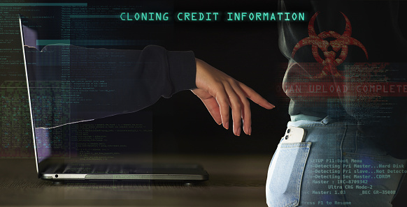 Phishing, cyber security and hacker with laptop and phone with matrix overlay for crypto, password and software cloning. Data, fraud and programming with hand of person for crime, digital and malware