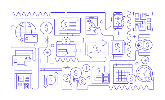 Money and Payments Related Line Banner Design. Cash, Mobile Payment, Contactless Payment.