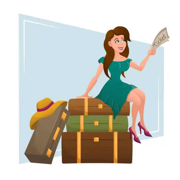 Vector illustration of Cute girl who went on trip and is waiting for her flight sitting in her suitcase. The tourist is holding the tickets in her hands. Vector illustration.