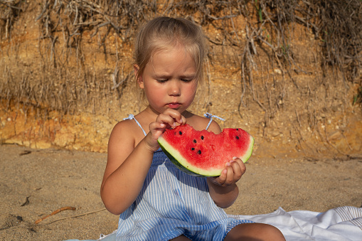 little cute girl eating watermelon sitting on the beach at sunset.