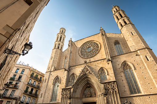 Architectural detail of the Basilica of Santa Maria del Mar historic church in the El Born district of Barcelona Spain