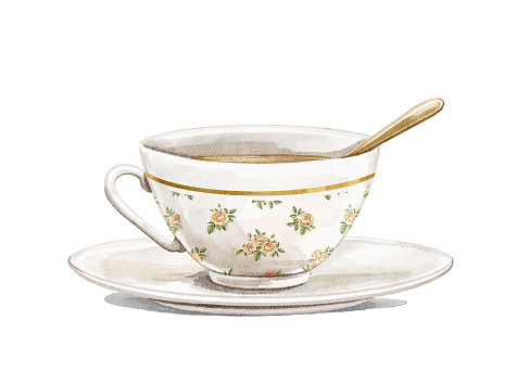 Watercolor vintage tea cup on saucer with golden spoon and floral pattern isolated on white background. Hand drawn illustration sketch