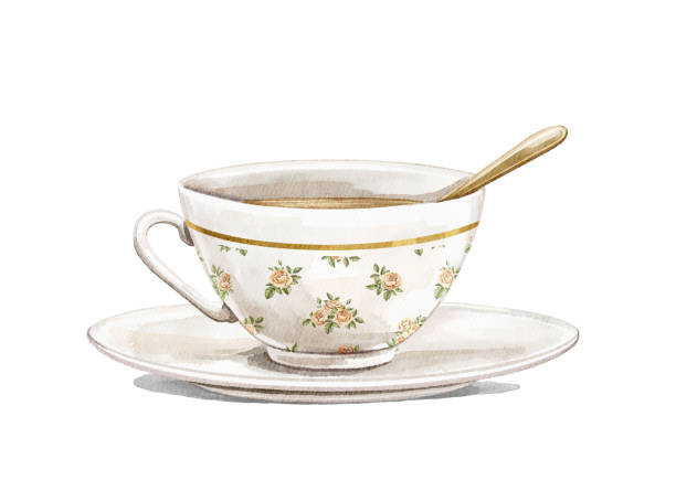Watercolor vintage white tea cup on saucer with golden spoon and floral pattern Watercolor vintage tea cup on saucer with golden spoon and floral pattern isolated on white background. Hand drawn illustration sketch tea cup and saucer stock illustrations