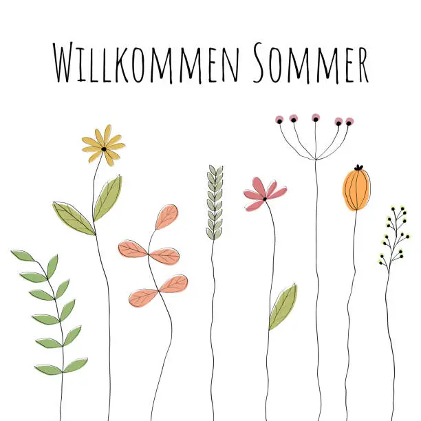 Vector illustration of Willkommen Sommer - Lettering in German language - Welcome Summer. Greeting card with lovingly drawn flowers.