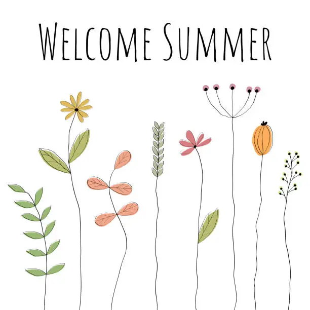 Vector illustration of Welcome Summer - Lettering in English language. Greeting card with lovingly drawn flowers.