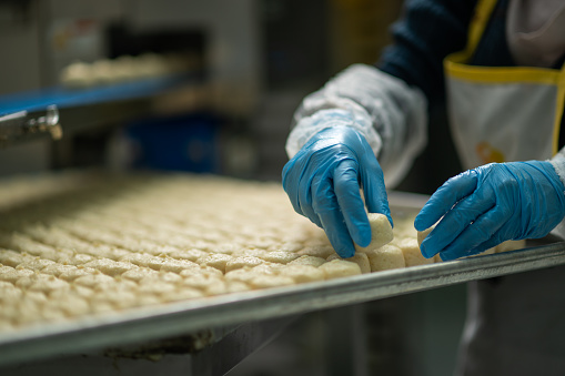 A woman employee arranging dough balls on a tray in a bakery