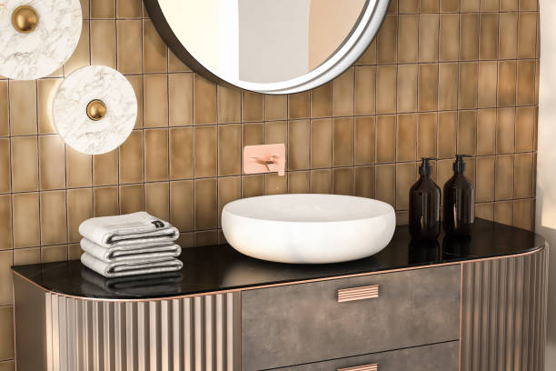 istock Modern bathroom setup with soap dispensers, towels, black-framed mirror, wall lights, and ceramic tiles walls. Ideal for showcasing your products in a stylish and modern setting. 3d rendering 1488444722