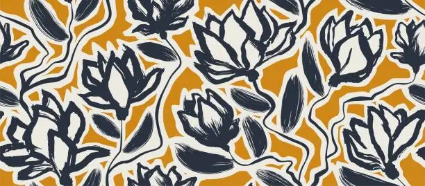 Vector illustration of flowers hand drawn seamless pattern. ink brush texture.