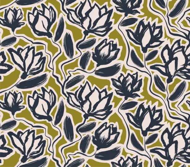 Vector illustration of flowers hand drawn seamless pattern. ink brush texture.