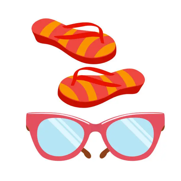 Vector illustration of Beach goggles and beach flip flops. Beach accessories vector design.