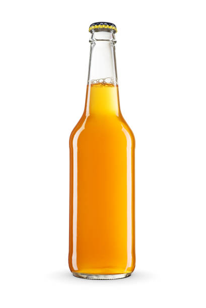 istock Yellow fruit beer mix cocktail in transparent bottle without label isolated on white. 1488446403