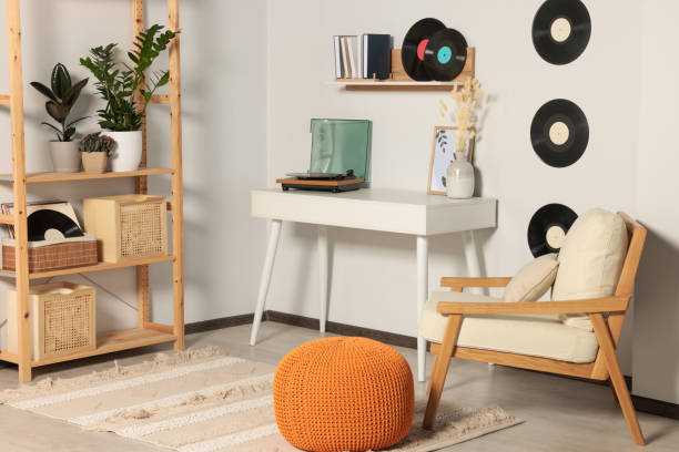 istock Room interior with stylish turntable on white table and vinyl records 1488447284