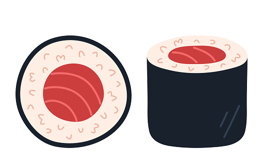 Maguro maki. Sushi roll with tuna. Japanese food. Top and side view. Hand-drawn colored flat vector illustration isolated on white background.