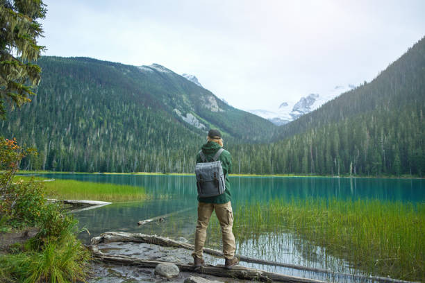 istock Active tourist with backpack standing at mountain lake and wood background 1488453176