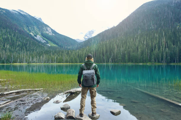 istock Active tourist with backpack standing at mountain lake and wood background 1488453190