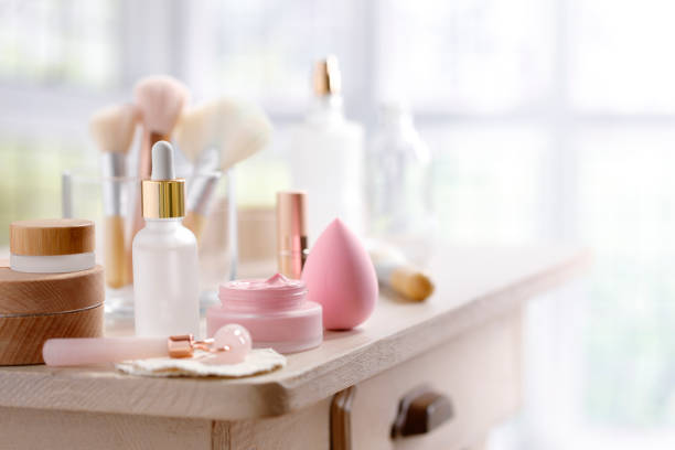 Make-up table Little rustic table with skin care and make-up equipment makeup table stock pictures, royalty-free photos & images