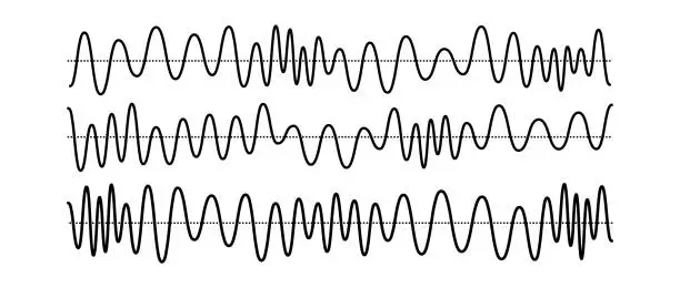 Vector illustration of Sinusoid signals set. Black curve sound waves with different frequency and amplitude. Voice or music audio concept. Pulsating lines. Electronic radio graphics collection. Vector templates bundle