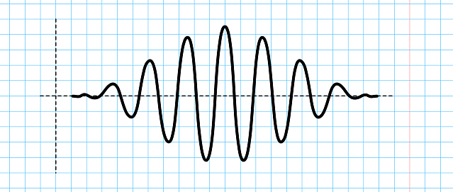 Sinusoid impulse signal on blue grid paper. Black curve sound wave on checkered paper. Voice or music audio concept. Pulse line in school notebook. Sine electronic radio graphic. Vector