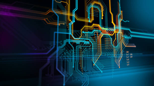 Printed circuit boards Printed circuit board. Abstract technology background with bokeh. 3D Render electrical equipment stock pictures, royalty-free photos & images