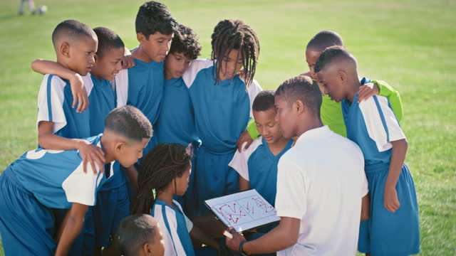 Kids, tactics and sports with a coach talking to his team about strategy during a game outdoor. Teamwork, coaching and children on a field listening to their mentor while planning for a competition