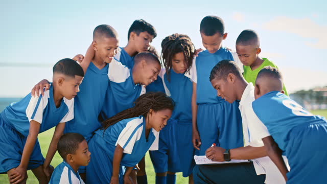 Children, strategy and sports with a coach talking to his team about tactics during a game outdoor. Teamwork, coaching and kids on a field listening to their mentor while planning for a competition