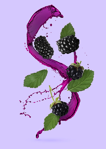Fresh ripe blackberries and splash of juice on color background