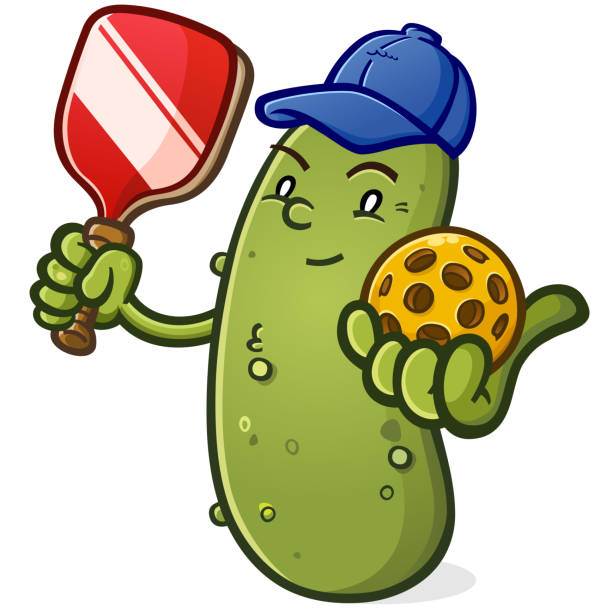 Pickleball Cartoon Mascot Wearing a Baseball Cap A pickleball mascot wearing a blue baseball cap and ready to serve up a rousing game of pickleball vector illustration pickleball stock illustrations