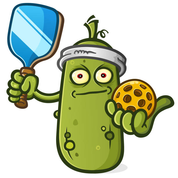 Creepy Zombie Pickleball Cartoon Mascot Glaring A stern creepy looking zombie pickleball cartoon mascot glaring at you ready to serve vector illustration cartoon of a dill pickle stock illustrations
