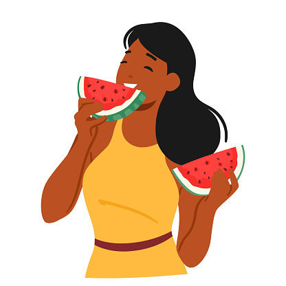 Woman Eating Juicy Watermelon at Hot Summer Day. Female Character Smile With Delight, Savoring The Sweet, Refreshing Taste Of The Fruit Isolated on White Background. Cartoon People Vector Illustration