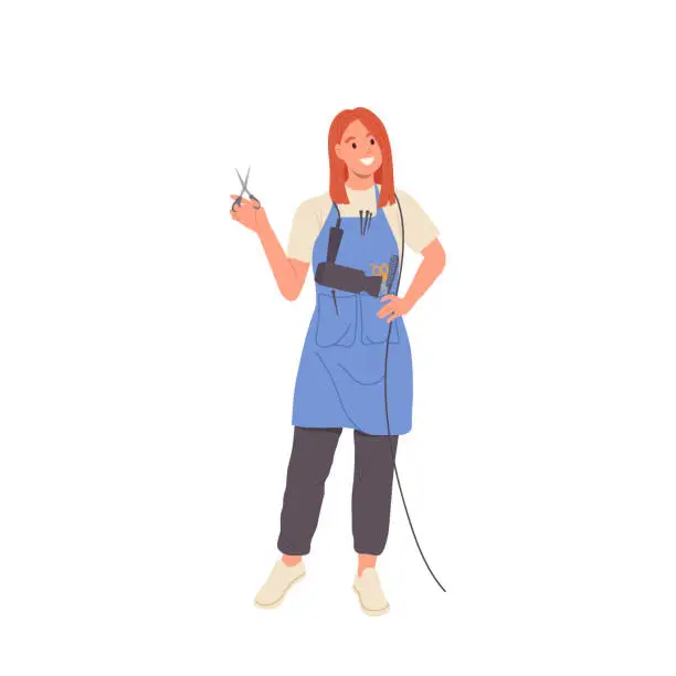 Vector illustration of Young smiling woman hairdresser or barber wearing apron holding tools standing isolated on white