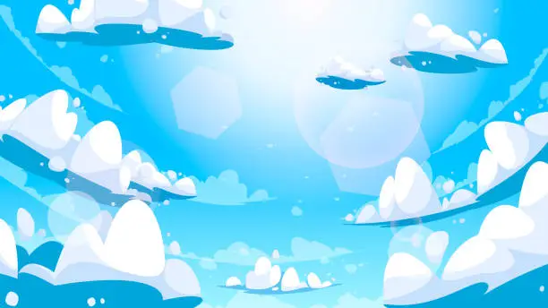 Vector illustration of Summer cloudy sky. Cartoon landscape with white fluffy clouds and sun shine. Heaven blue sky with nature atmosphere vector illustration