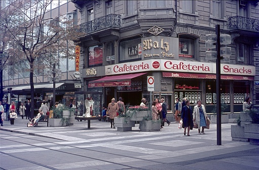 Zurich, Switzerland, 1970. The famous Bahnhofstrasse (pedestrian shopping area) in downtown Zurich. Furthermore: locals, shops and buildings.