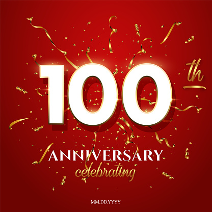 100 Anniversary Celebrating text with golden serpentine and confetti on red background. Vector one hundred anniversary celebration event square template with white numbers with gold frame.