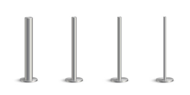istock 3d metal pole signpost on base vector illustrations set. Realistic grey steel, iron or chrome pillars with polished surface, vertical different diameter cylinder pipe holders for board or flag 1488478169