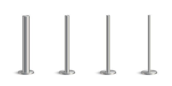 3d metal pole signpost on base vector illustrations set. Realistic grey steel, iron or chrome pillars with polished surface, vertical different diameter cylinder pipe holders for board or flag.