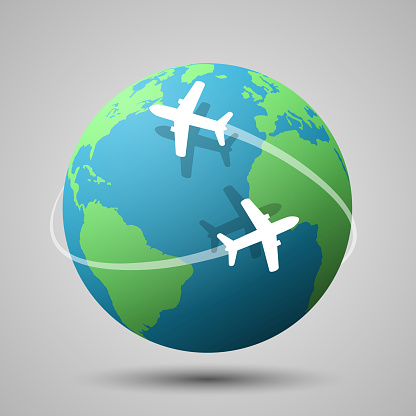 Airplane flying around the globe vector illustration – Worldwide travel and transportation concept. Earth Elements by Google Earth.