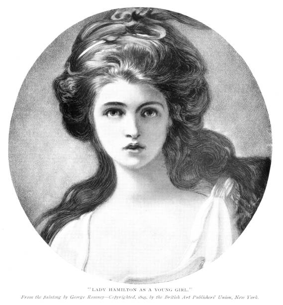 ilustraciones, imágenes clip art, dibujos animados e iconos de stock de lady emma hamilton headshot por el artista george romney, 18th century british culture - engraving women engraved image british culture